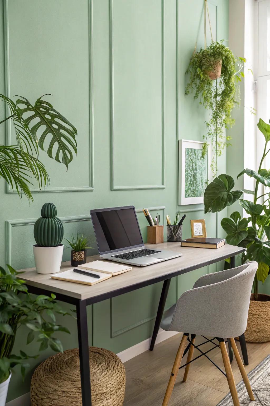 A serene light green personal office encourages relaxation and attentiveness.