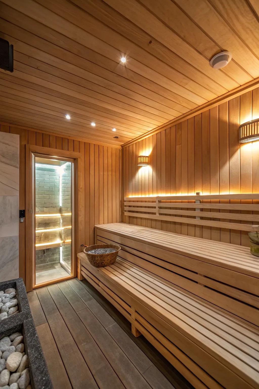 An inviting timber sauna with a snug and welcoming ambiance.