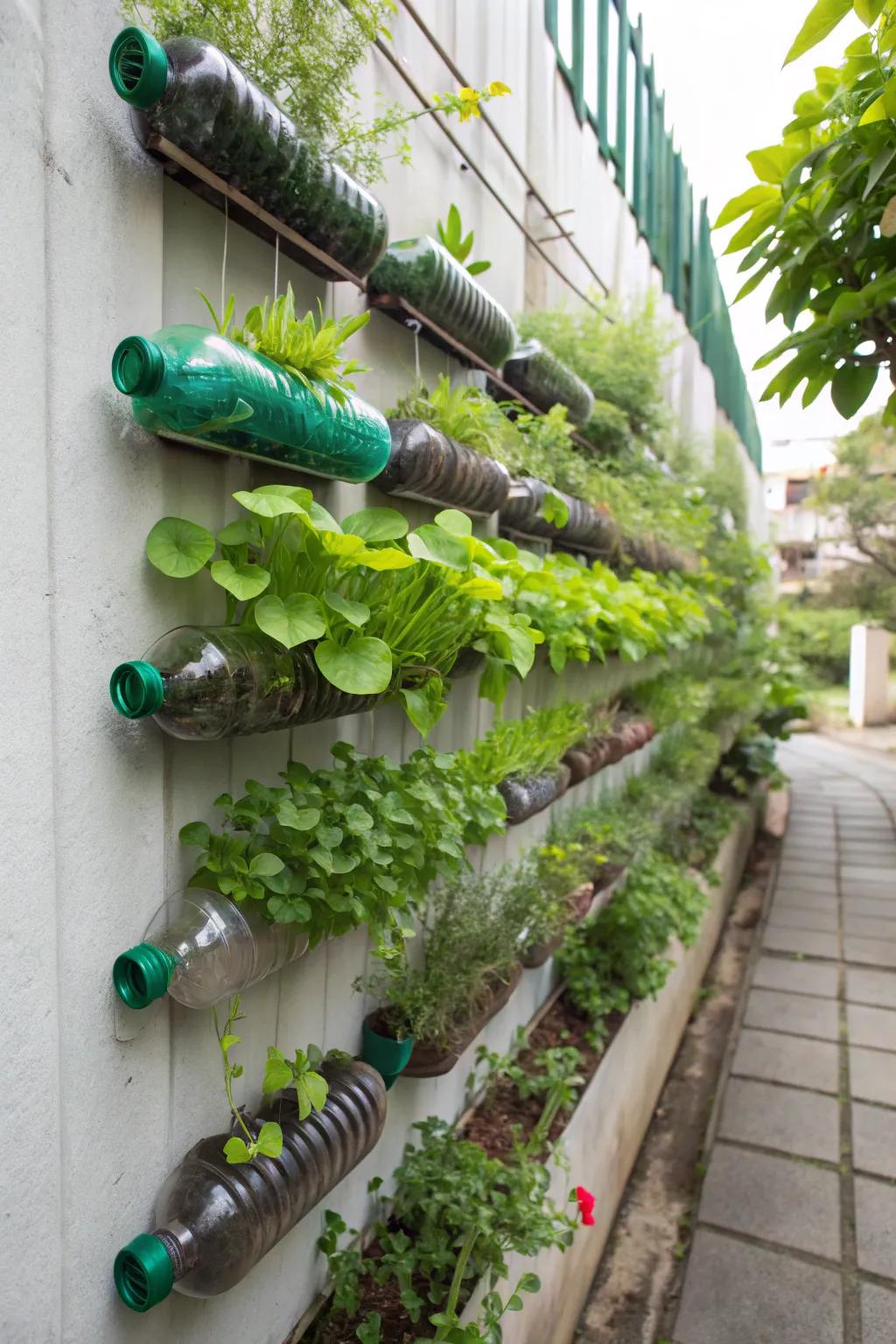 Turn old refreshment containers into a vibrant vertical garden.