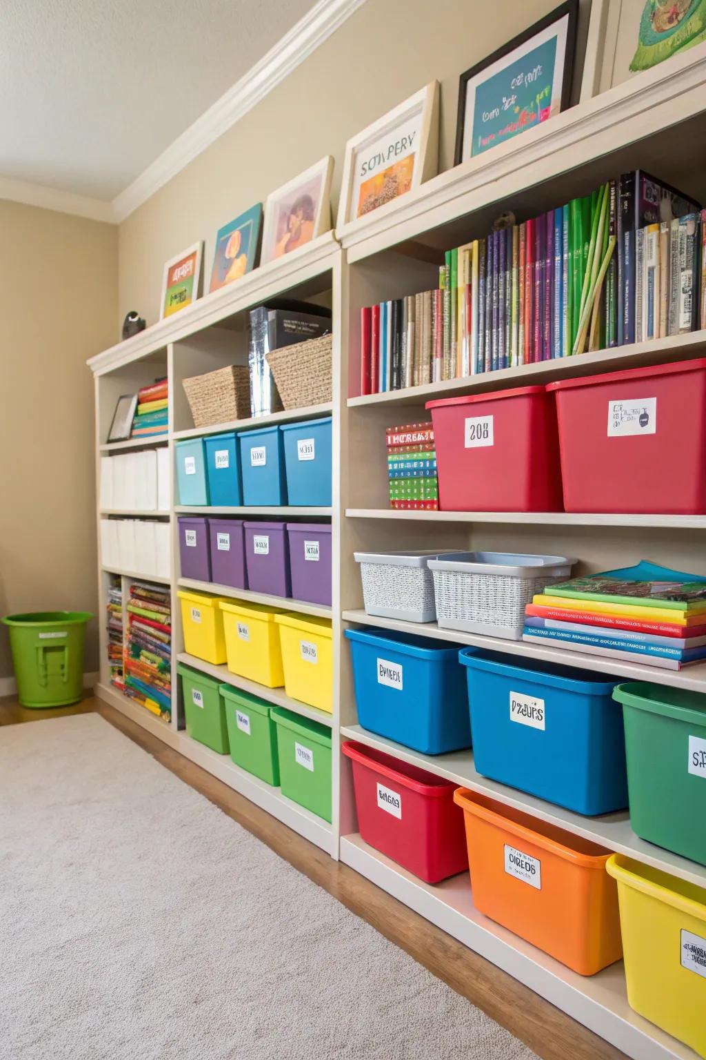 Containers in coordinating colors simplify the organization and location of homeschool materials.