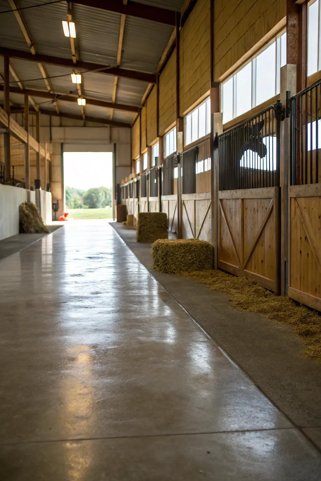 Concrete ground cover is a polished and strong option for barn walkways, valued for its durability.