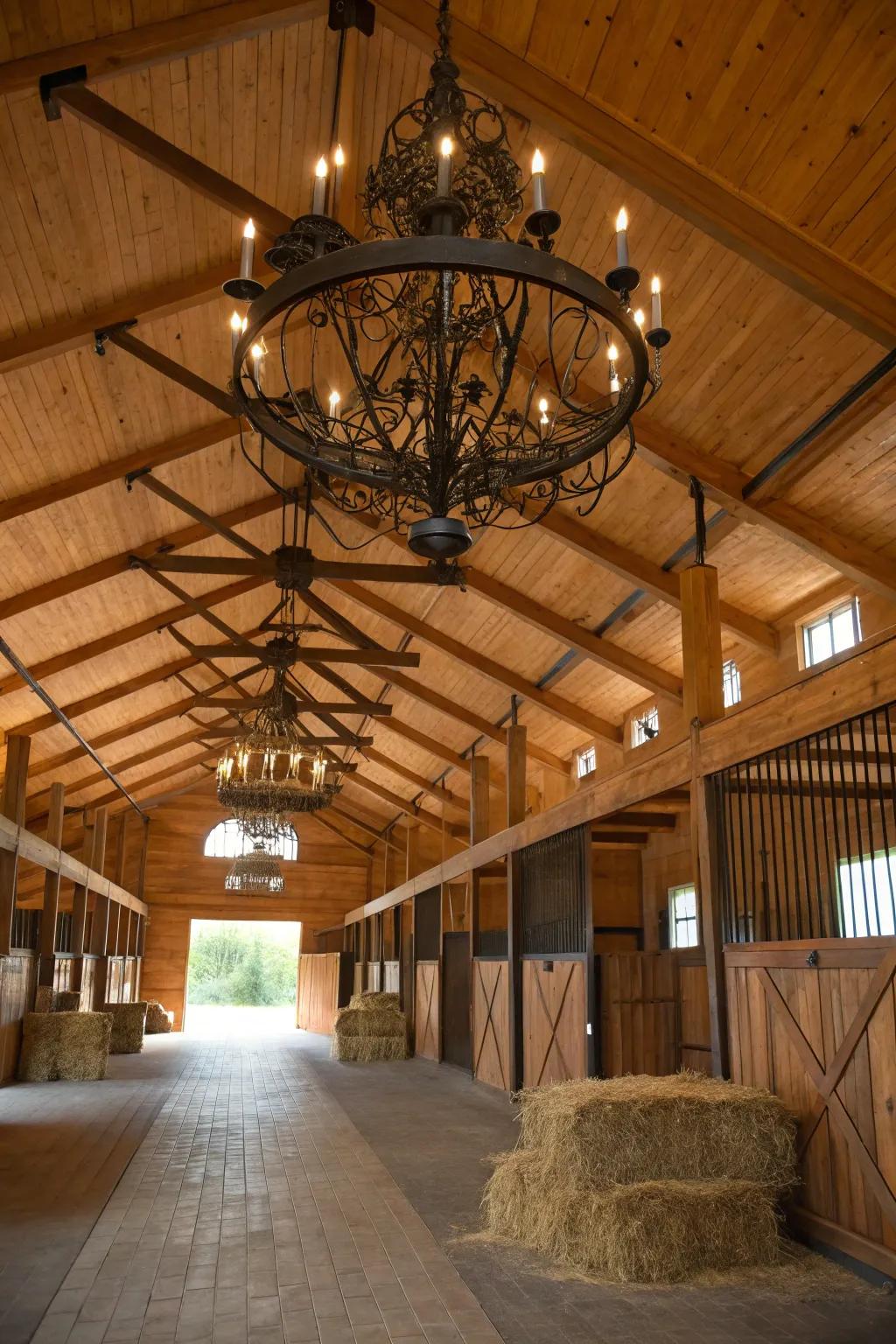 A rustic chandelier brings a touch of sophistication and allure to the barn's interior.