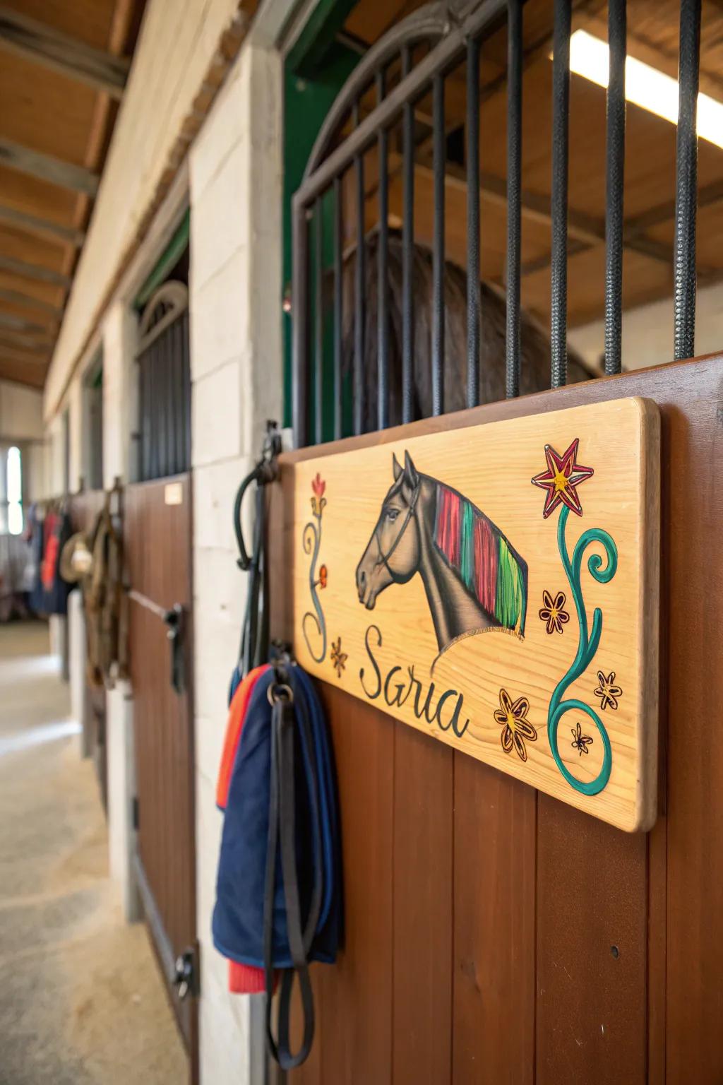 A bespoke timber plaque adorning a horse stall.
