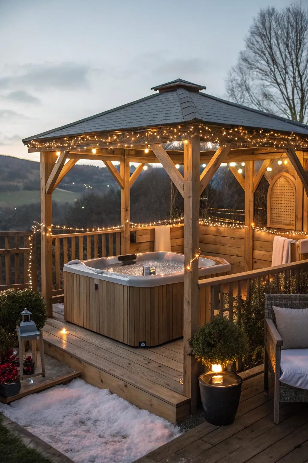 A wooden retreat adds elegance and protection to your hot tub.