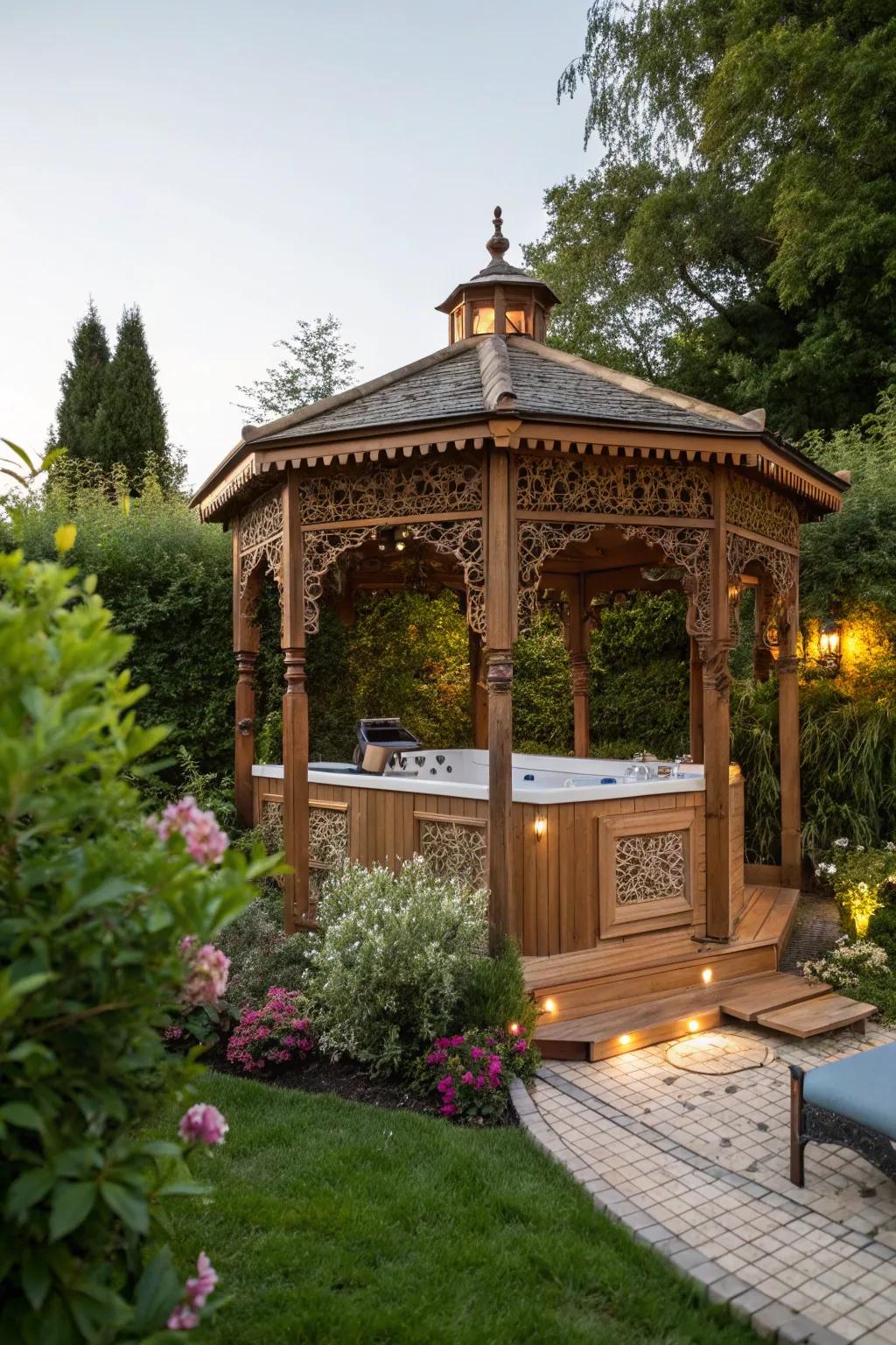 A wooden gazebo creating a peaceful hideaway.