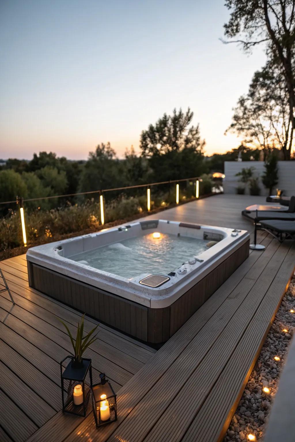 Wood decking elevates the hot tub area, resulting in an inviting and snug atmosphere.