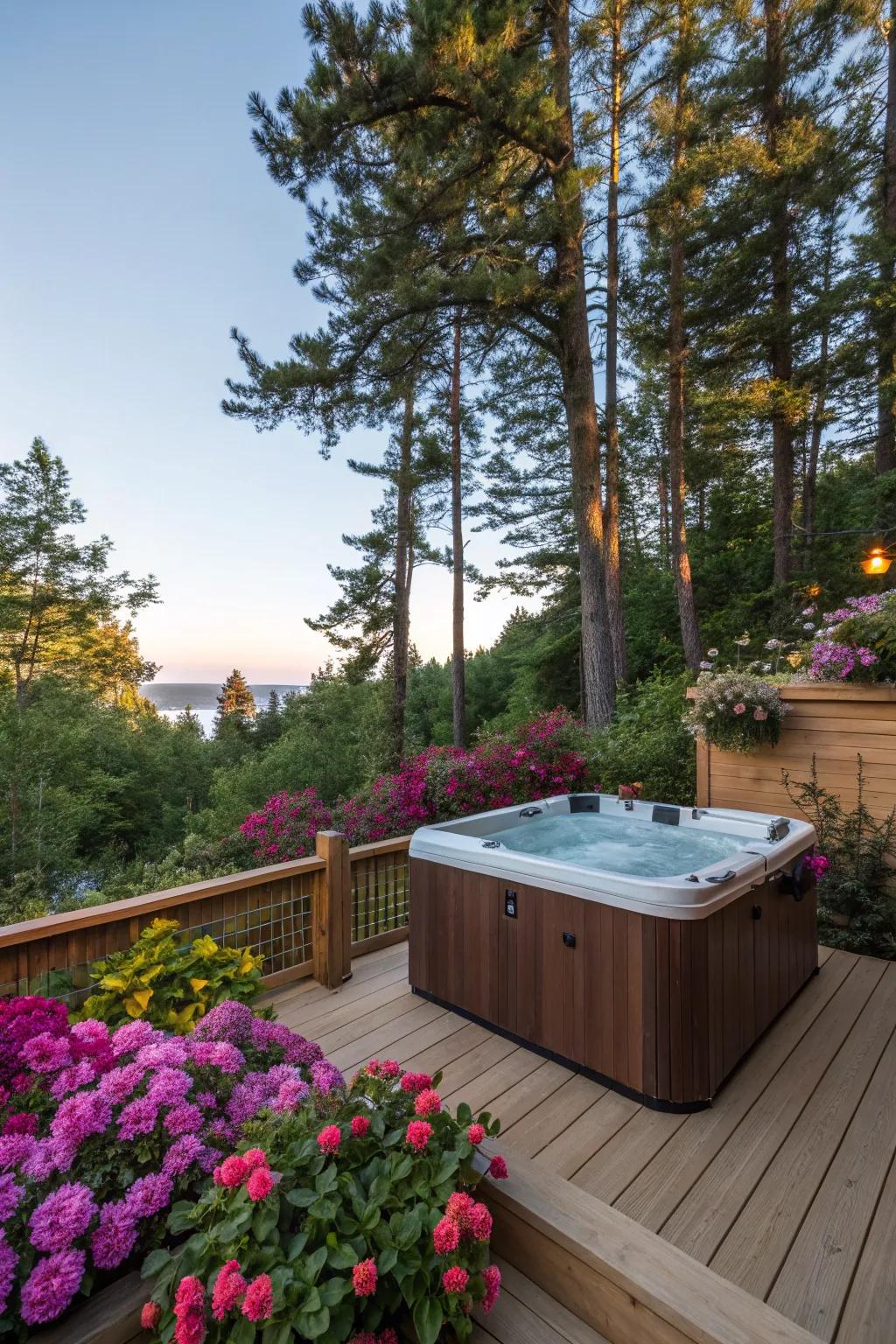 Submerge yourself in nature with a hot tub deck that flows smoothly into your garden.