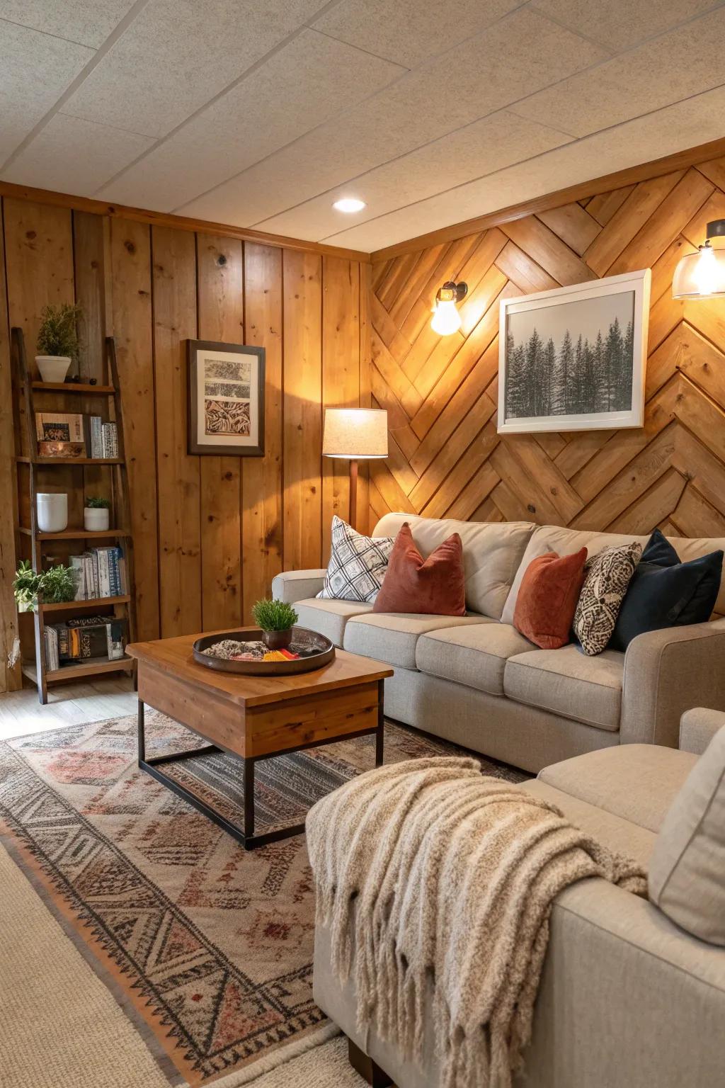 Timber cladding imparts a comfortable sensation to this living space