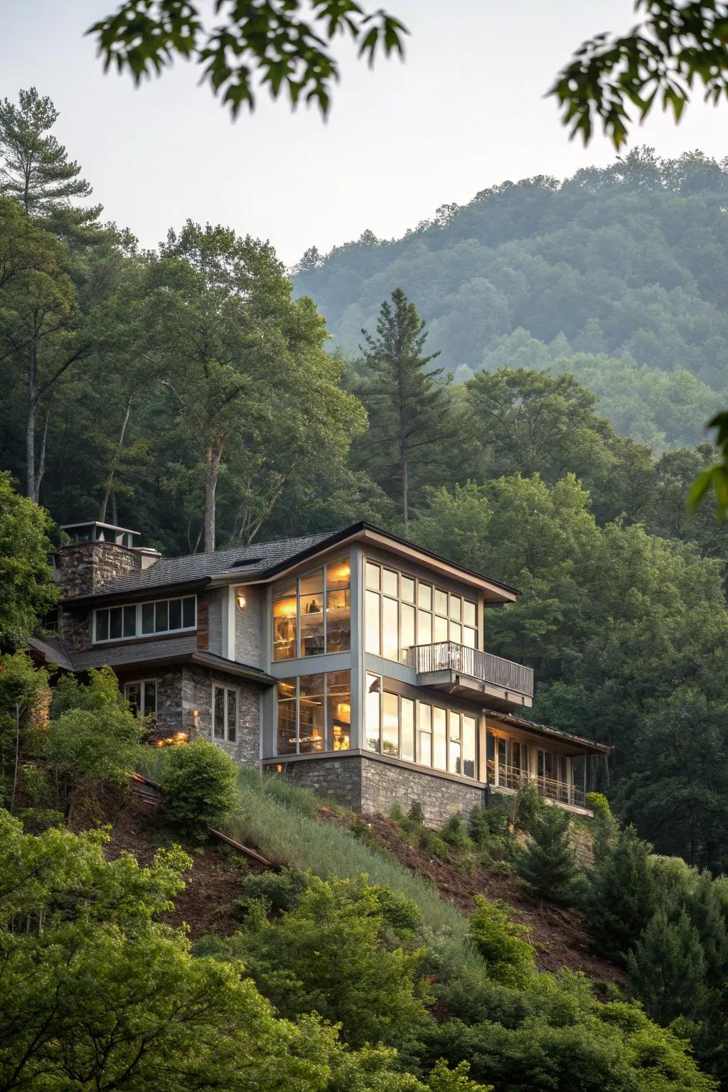 A multi-tiered house that blends perfectly with its inclined surrounding.