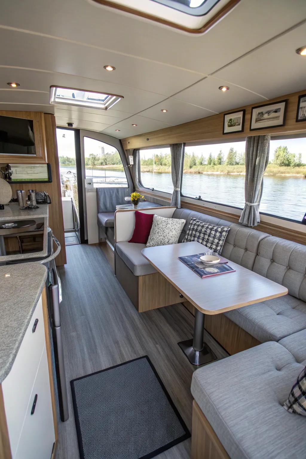 Clever use of multi-purpose furniture in a houseboat's living space.