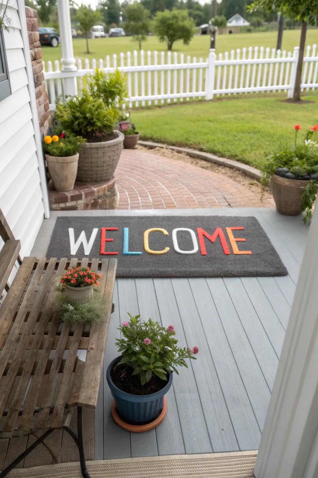 A custom doormat with interchangeable letters to greet guests warmly.