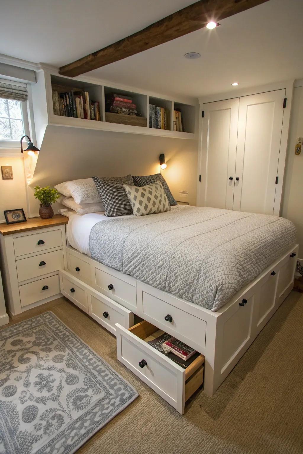 A modestly sized bedroom showcases a bed boasting built-in storage drawers, ensuring efficient utilization of the available area.