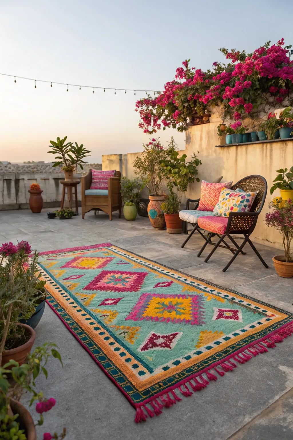 An outdoor rug immediately enhances your patio with style and a cozy feel.