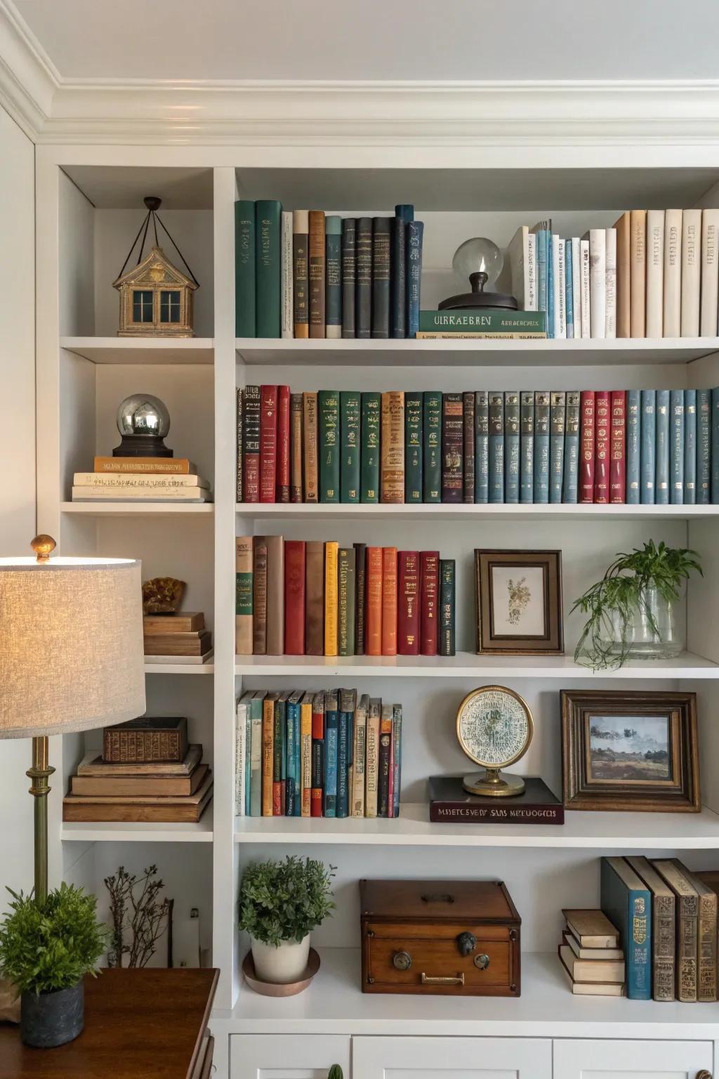 Symmetrical and asymmetrical layouts elegantly displayed on a bookshelf.