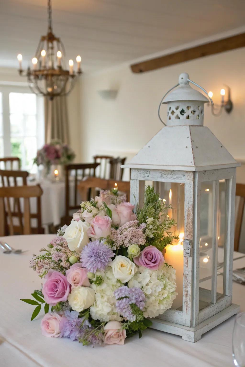 A charming spring-inspired lantern focal point with pastel-colored flowers.