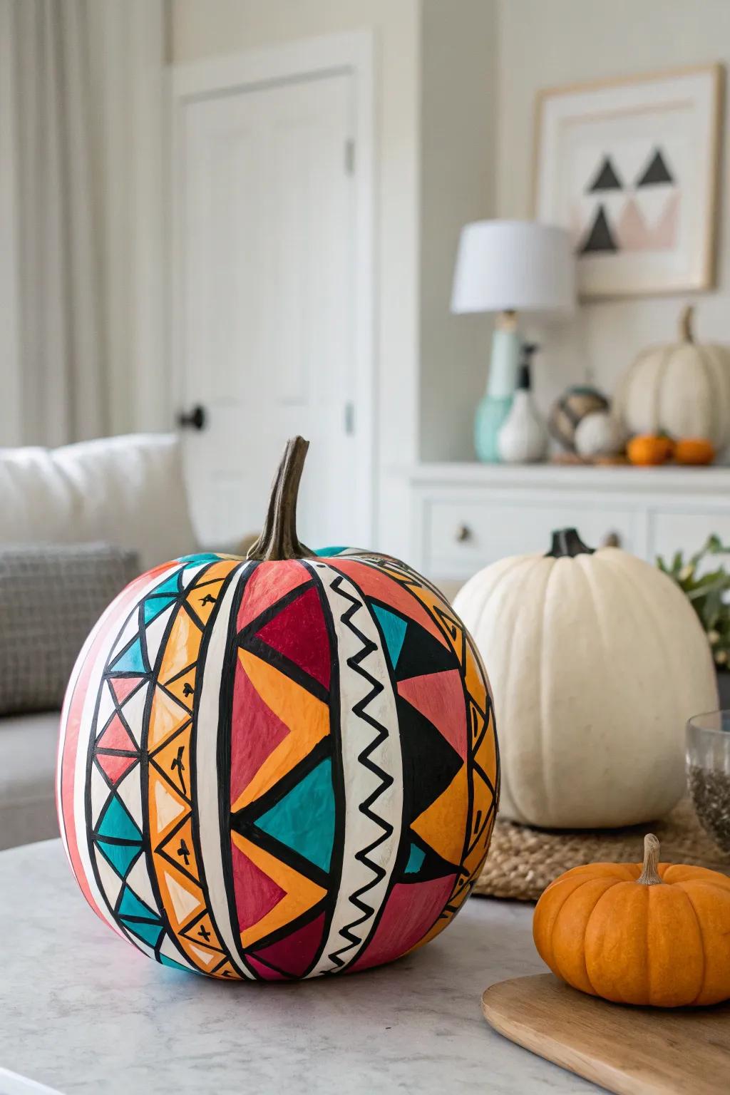 A vibrant and bold painted pumpkin, lending a modern flair to any decorative setting.