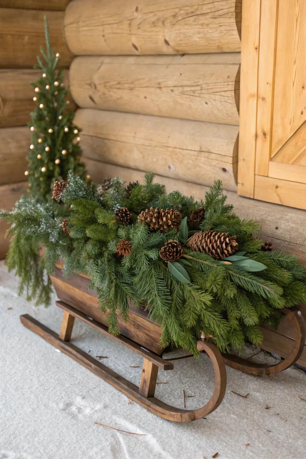 Country-style sled embellished with greenery and cones for an outdoorsy vibe