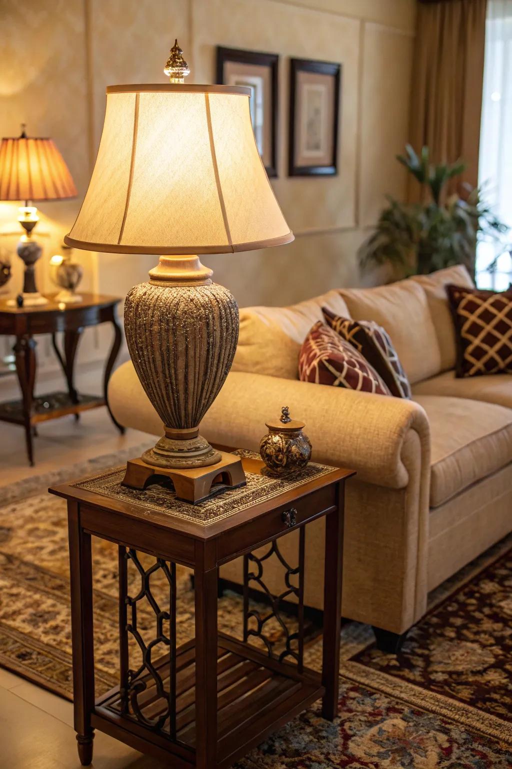 A table lamp infuses both light and panache into a sofa table.