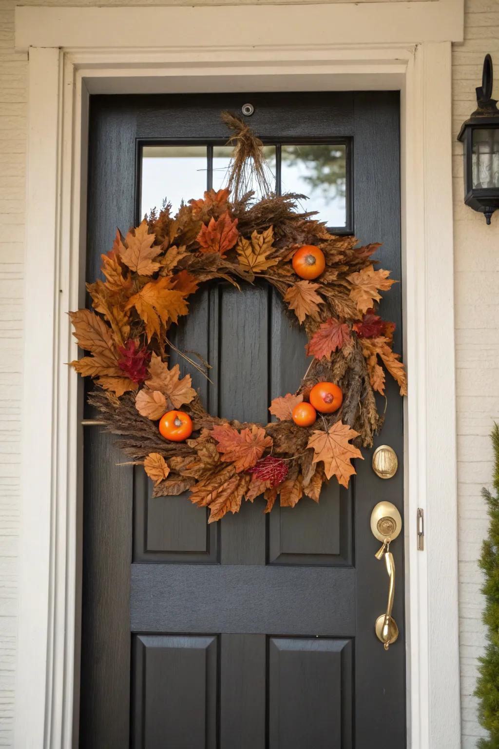 A welcoming fall garland adorns a front door.