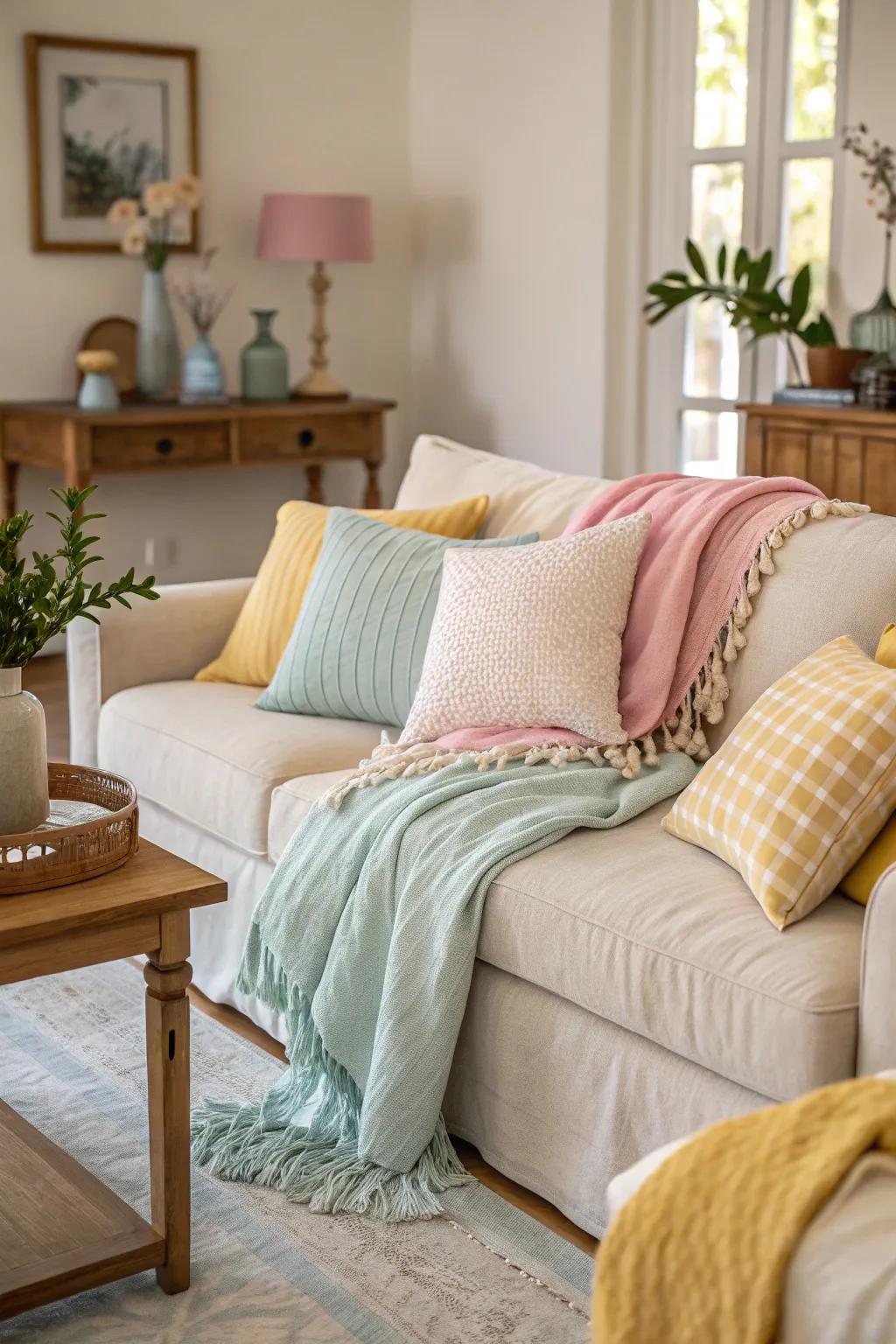 Soft cushions and throws in pastel tones introduce a delicate spring touch to this living room.