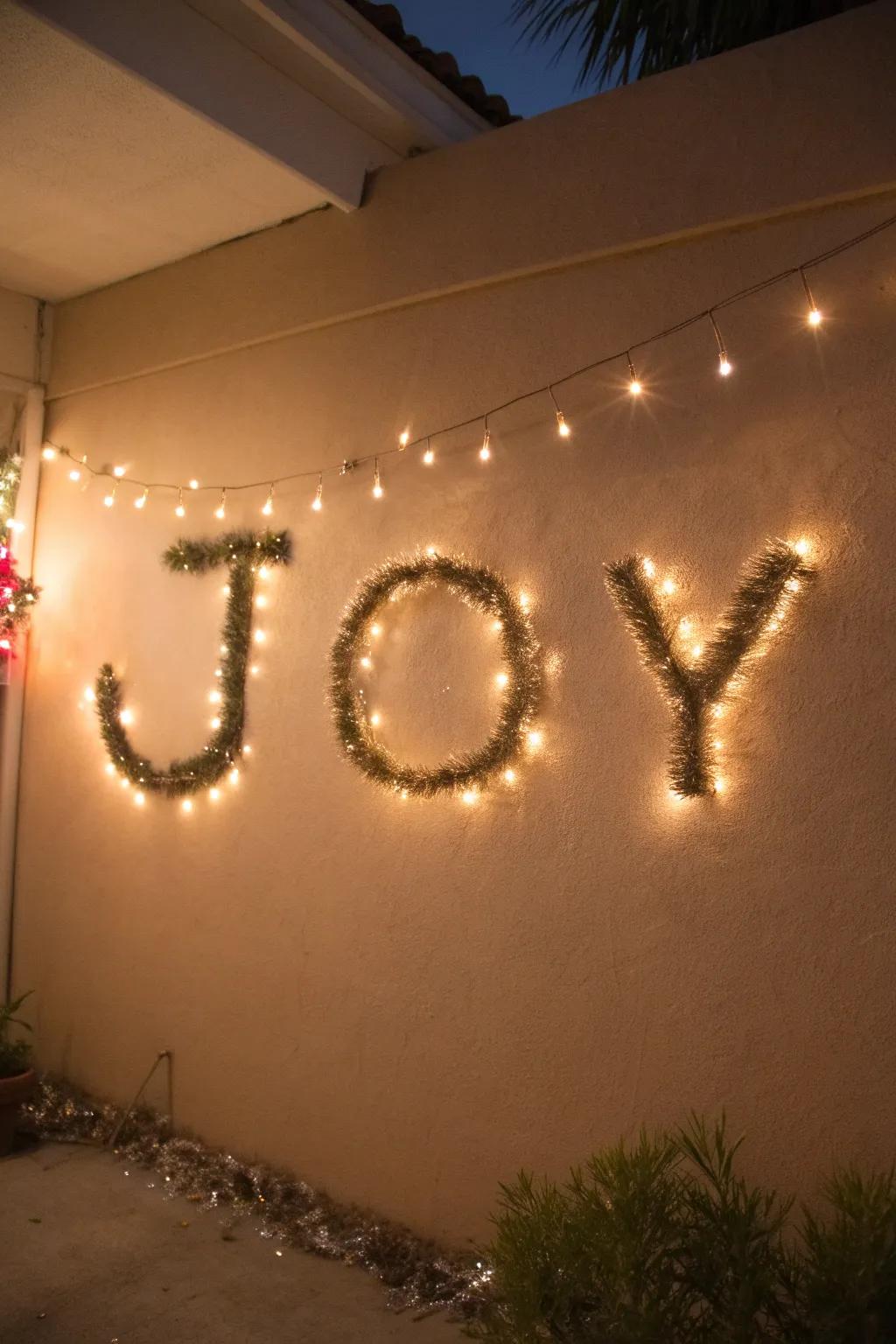 The expression 'JOY' presented using glittery strands, adding a joyful element.