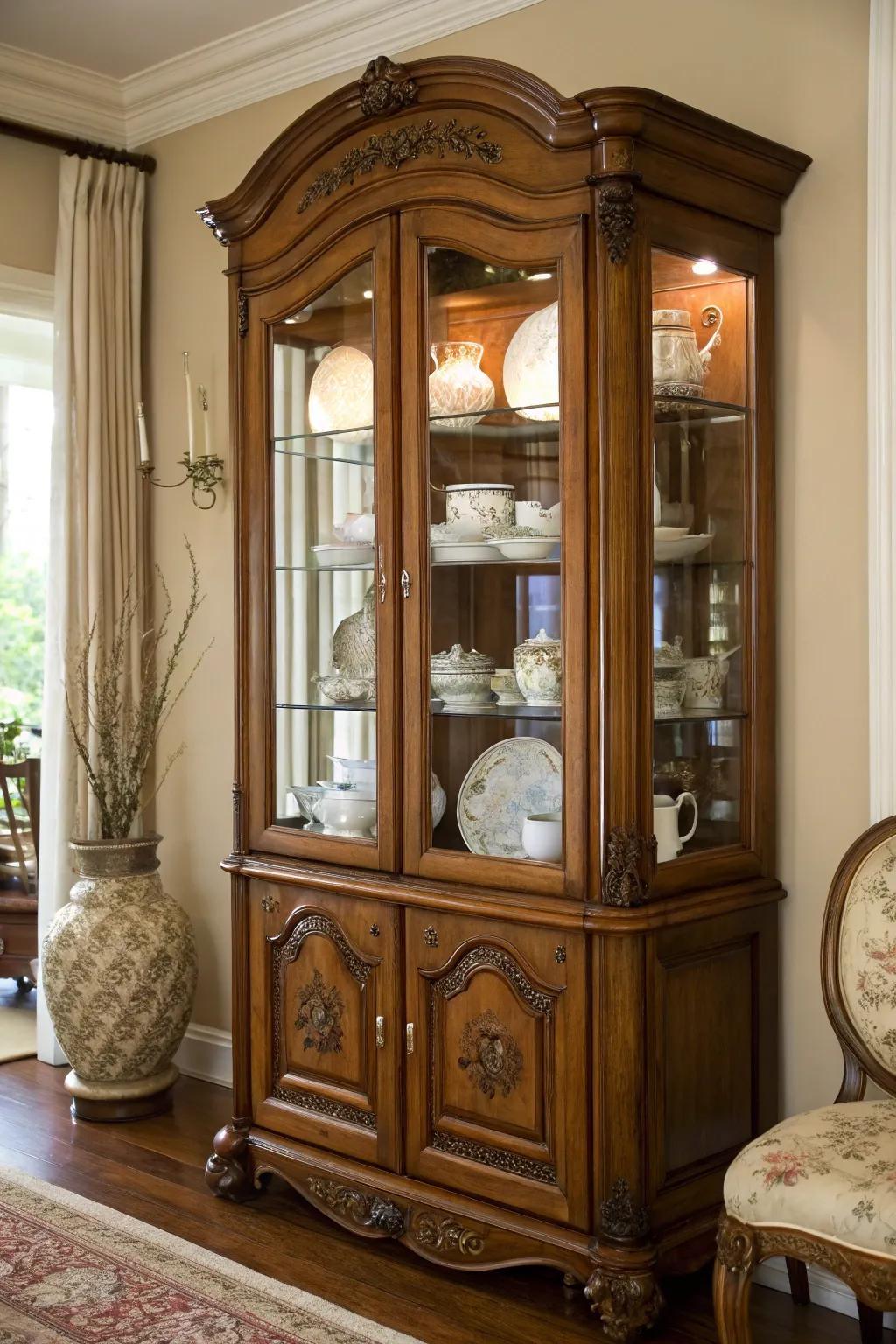 A traditional wooden china hutch displaying a thoughtfully arranged china collection behind glass.