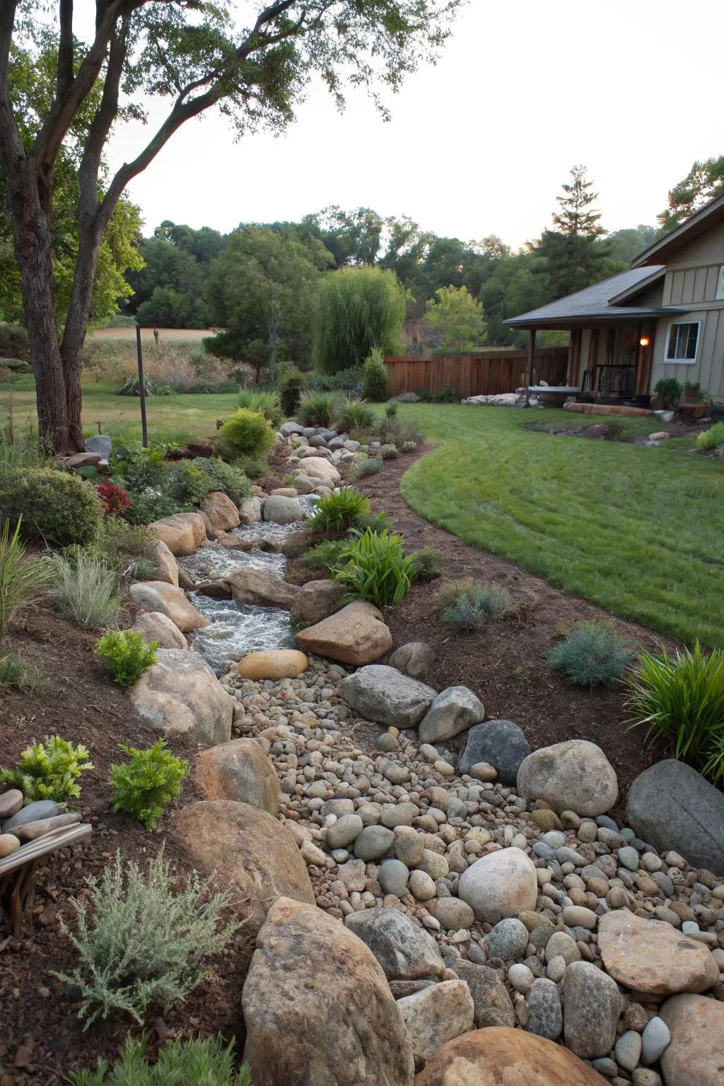 A dry creek bed channels water away elegantly.