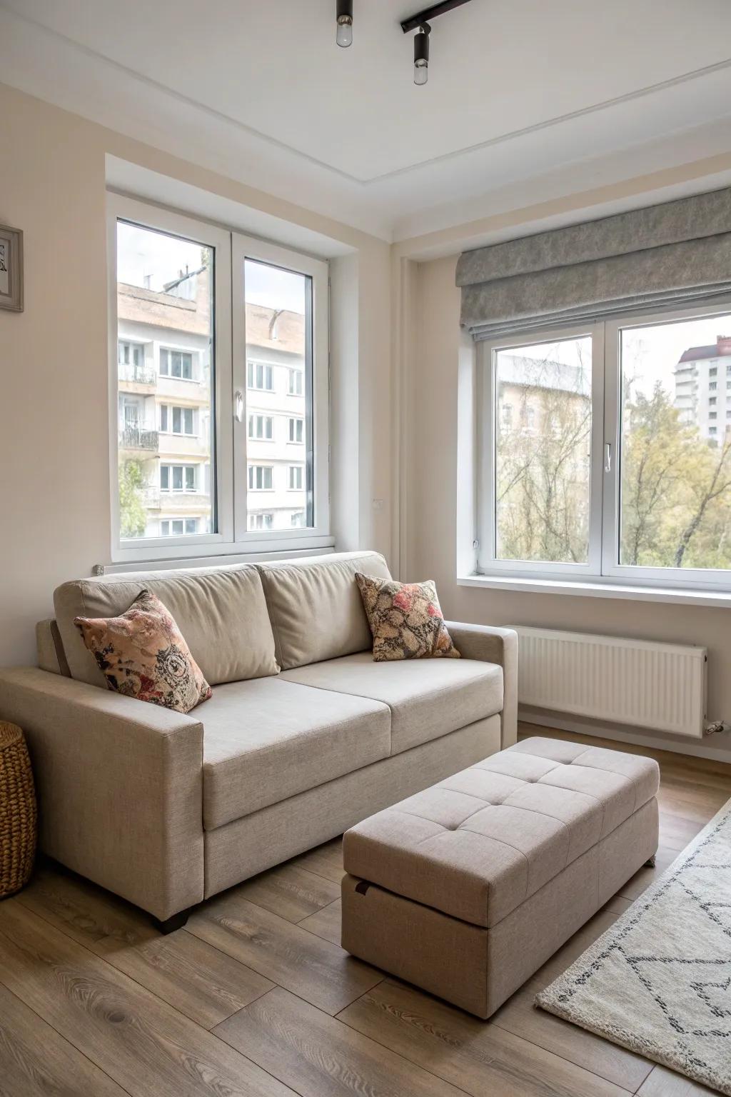 A modern living area featuring multi-purpose furniture that expands the space.