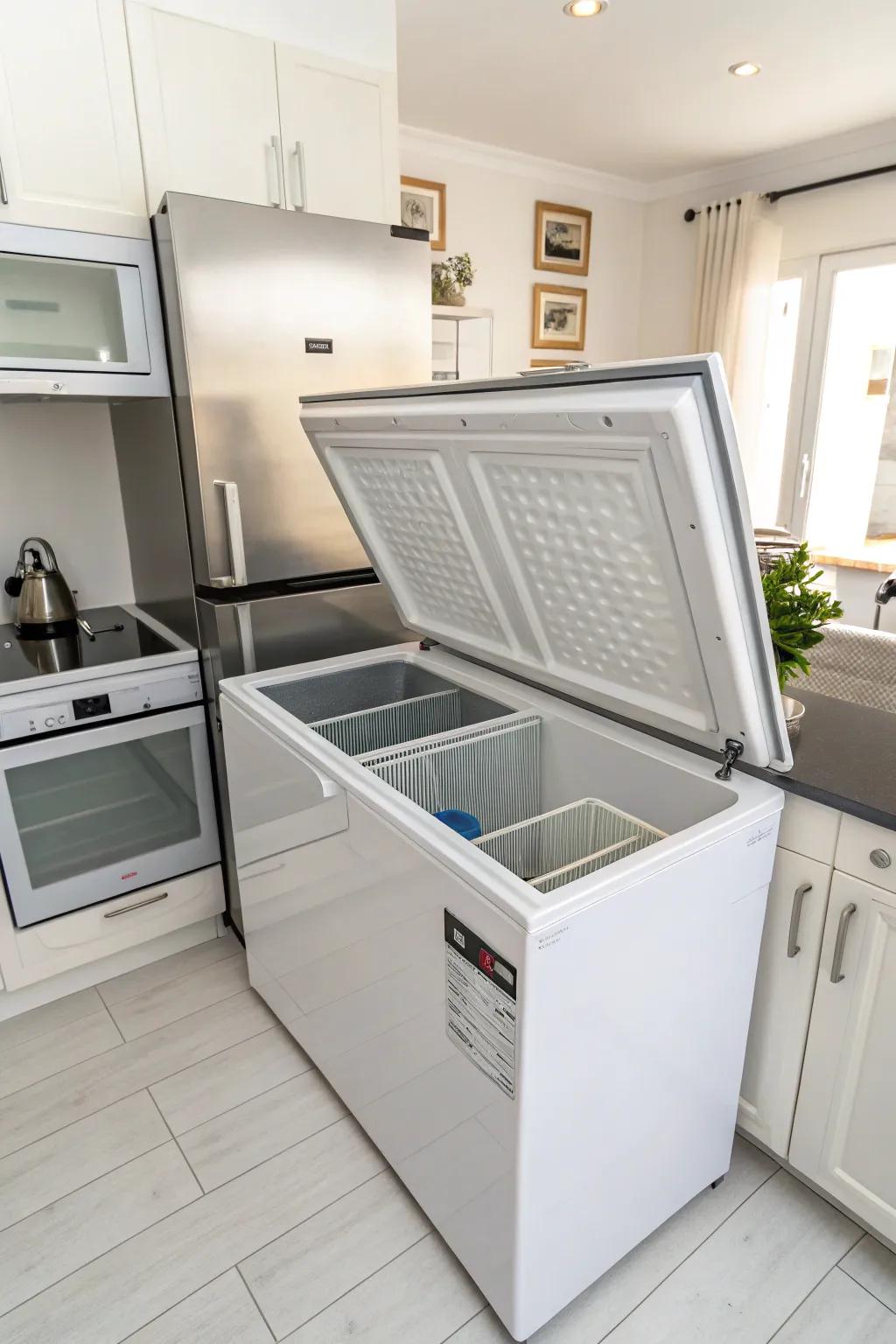 A chest freezer, completely spotless and ready for arranging.