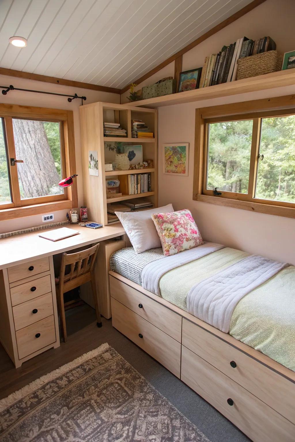 A bed designed to maximize storage efficiency.