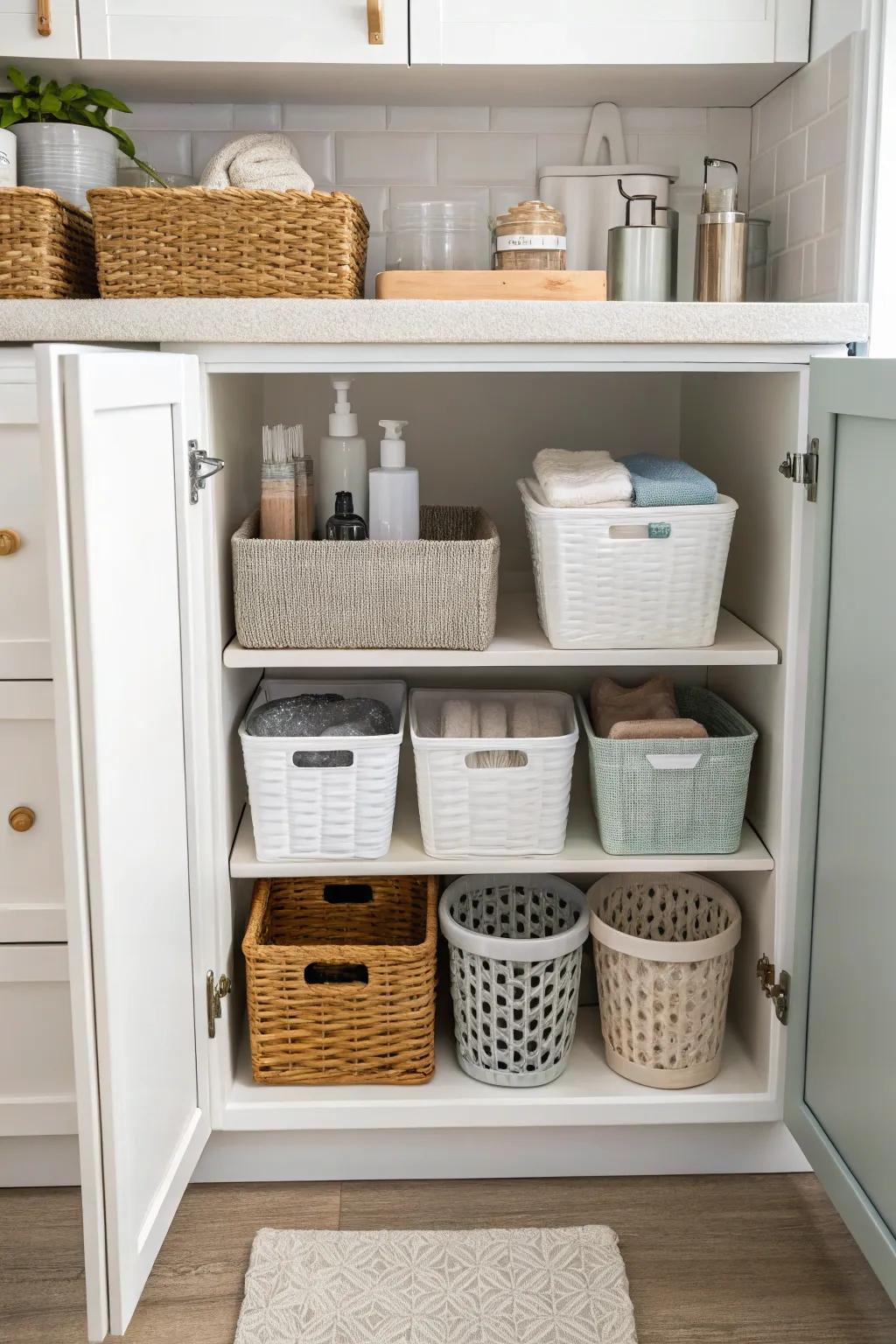 Bathroom cabinet featuring baskets and bins for the effective arrangement of personal care items and cleaning supplies.