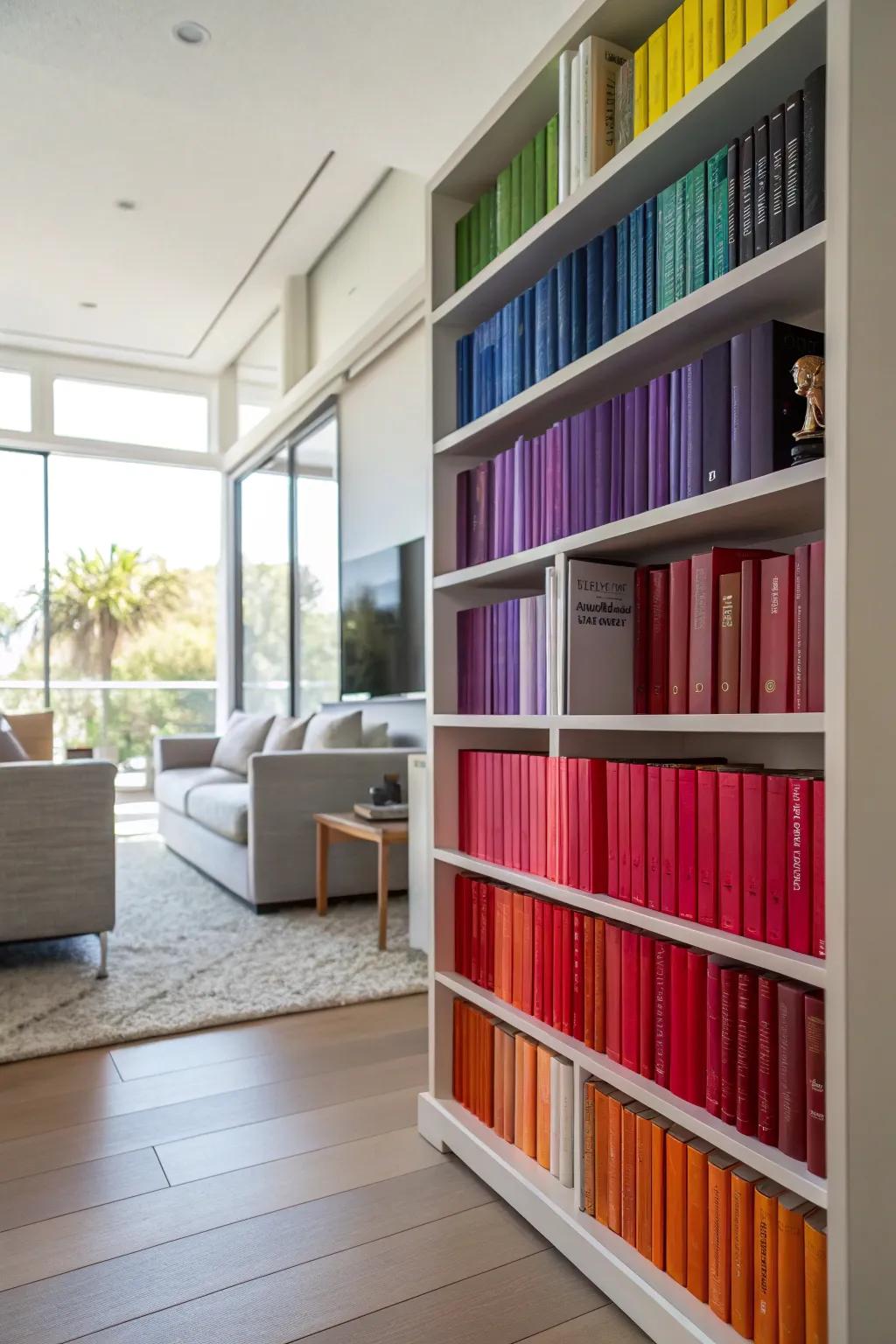 A rainbow-colored arrangement of books livens up a modern living space