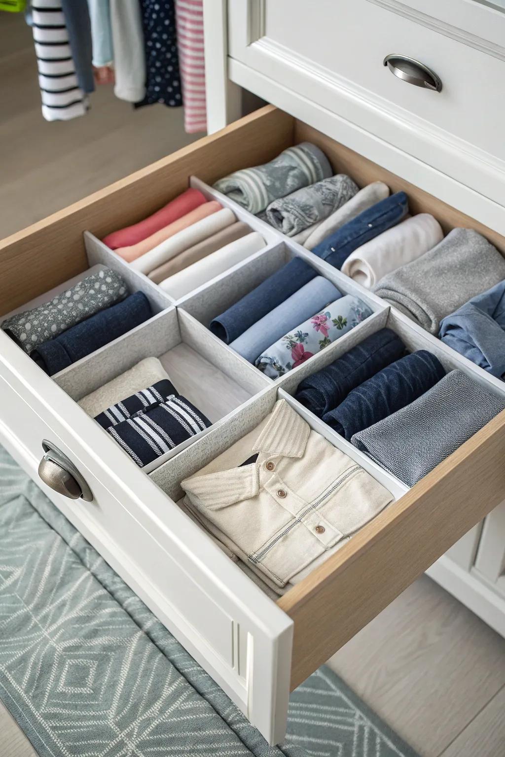 Compartment separators maintaining apparel items meticulously detached and arranged.