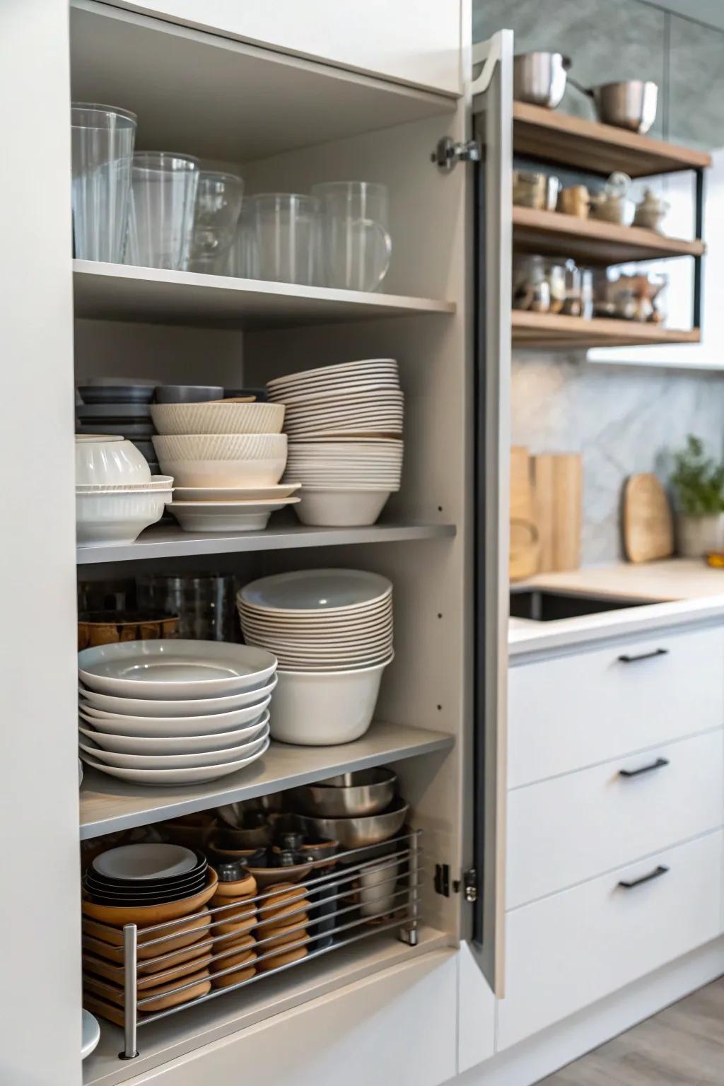 Vertical shelving is the secret to maximizing storage in your kitchen cabinets.