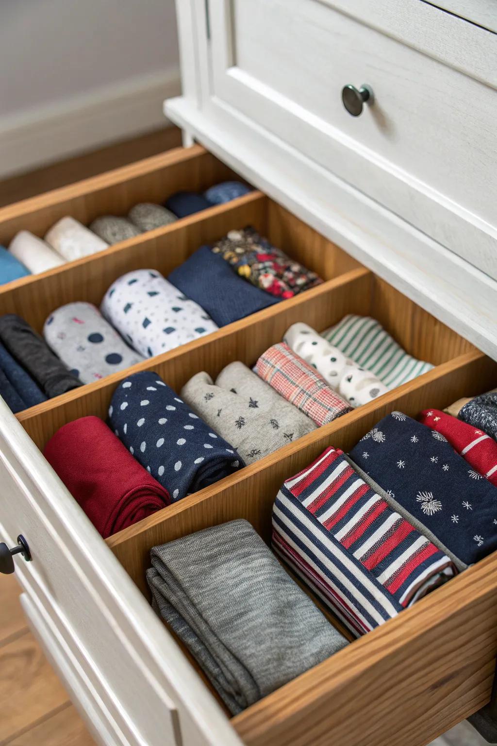 Drawer dividers allow you to keep your socks neatly arranged and within easy reach.