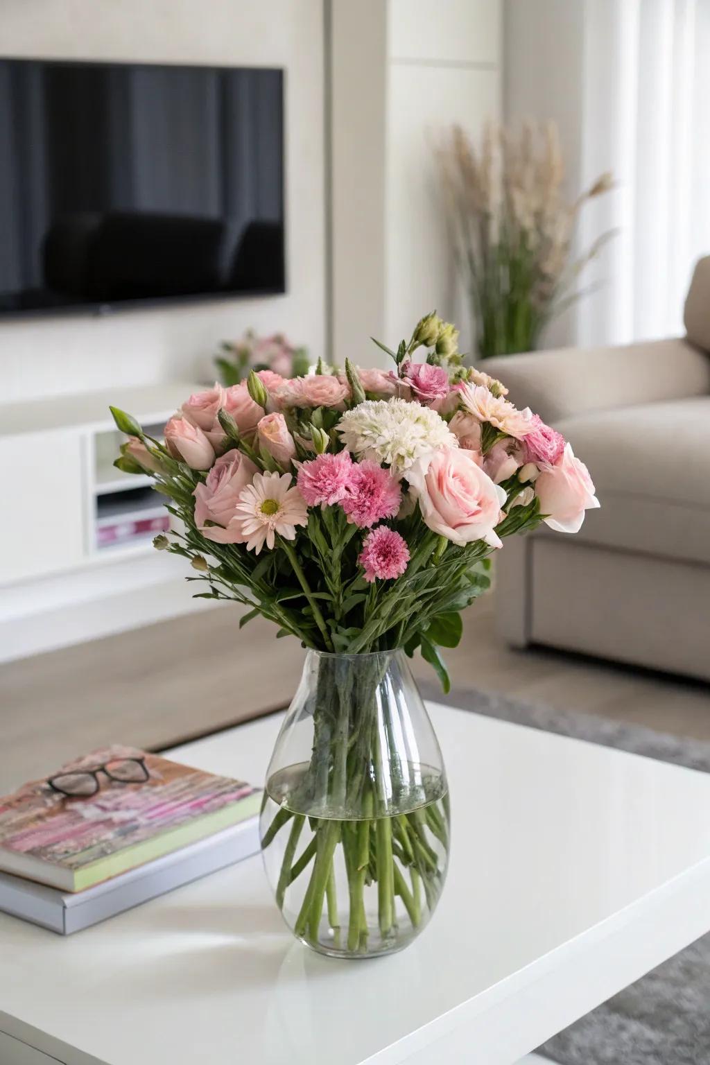 A unified display of pink flowers showcased in a see-through vase.