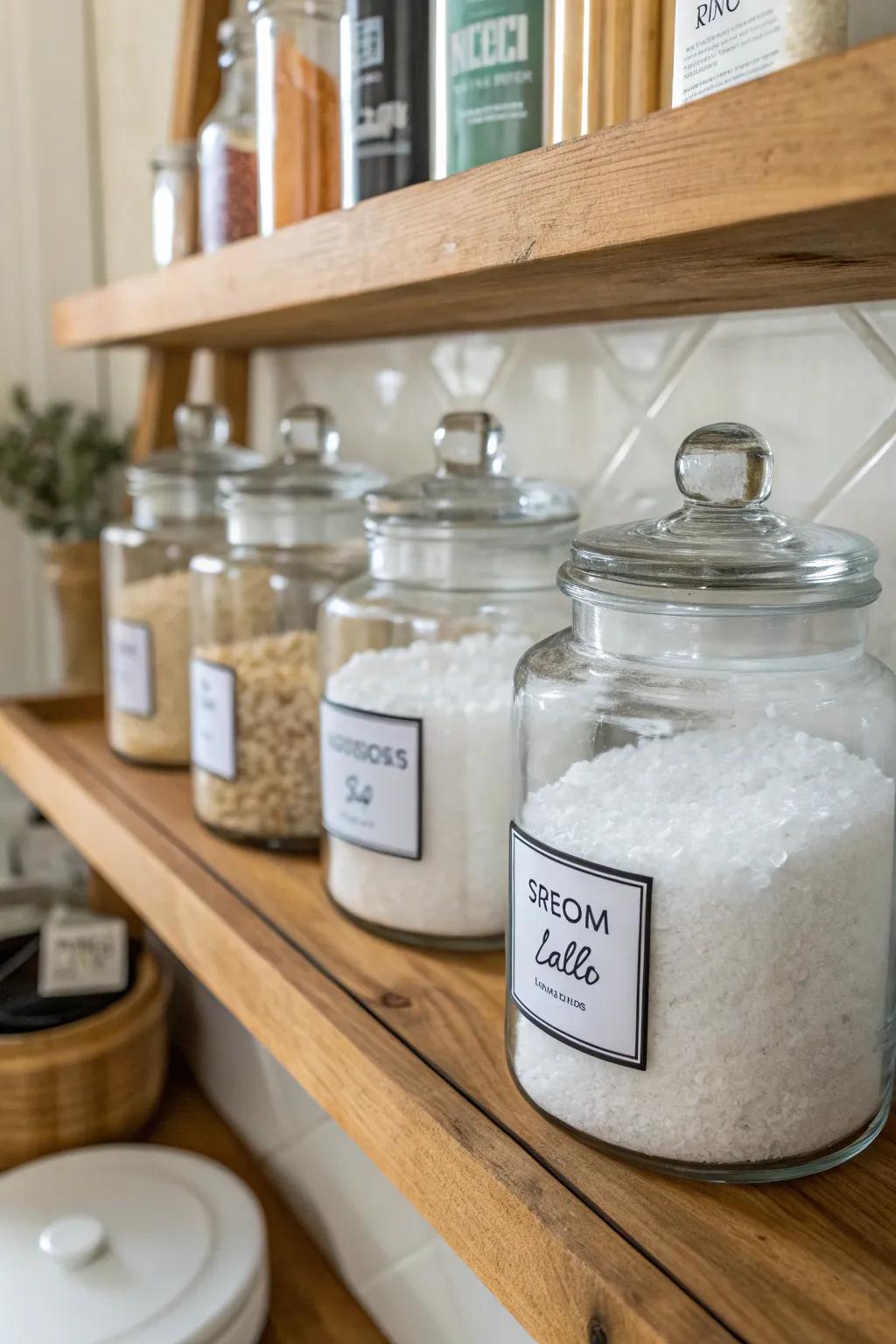 Pretty glass jars showing off colorful Epsom salts
