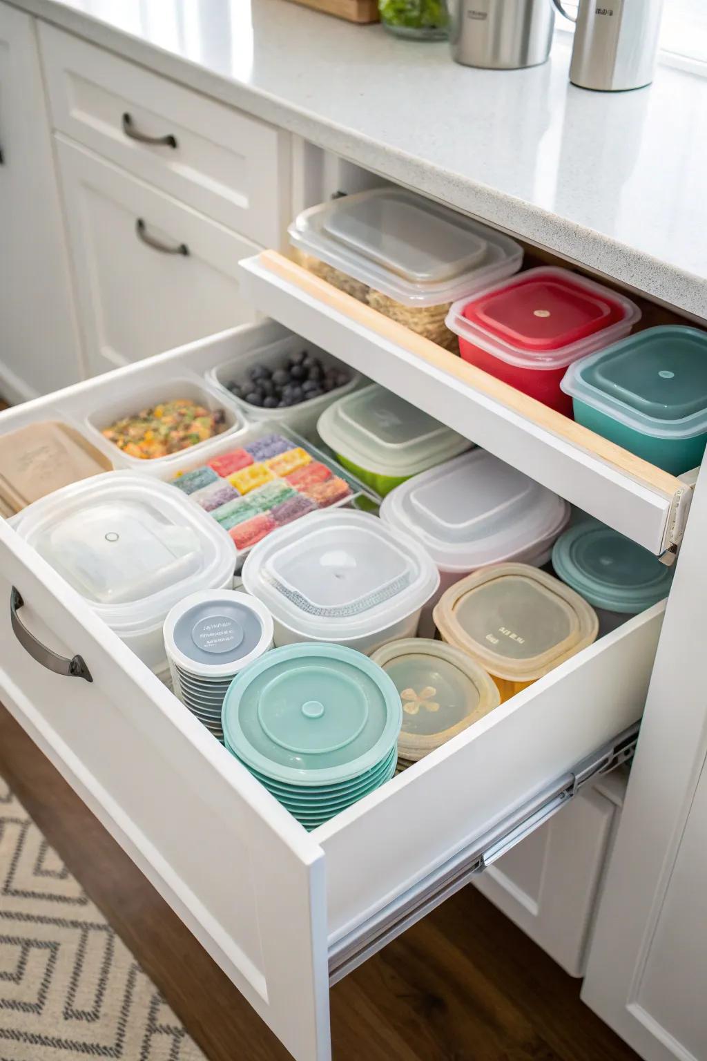 A kitchen drawer showcasing neatly arranged plastic storage containers and their respective lids.