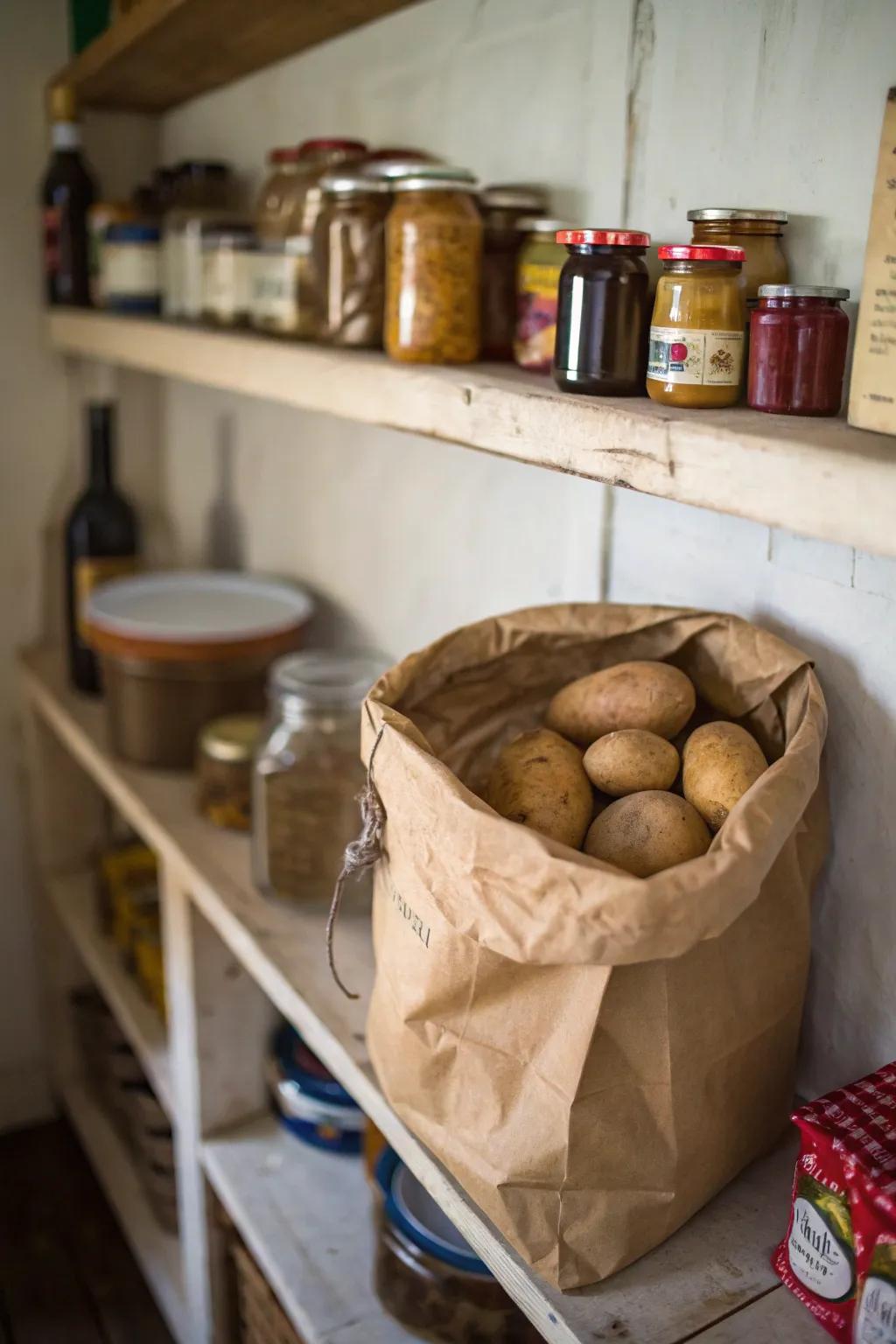 Traditional potato storage in a pantry with a touch of rustic charm.