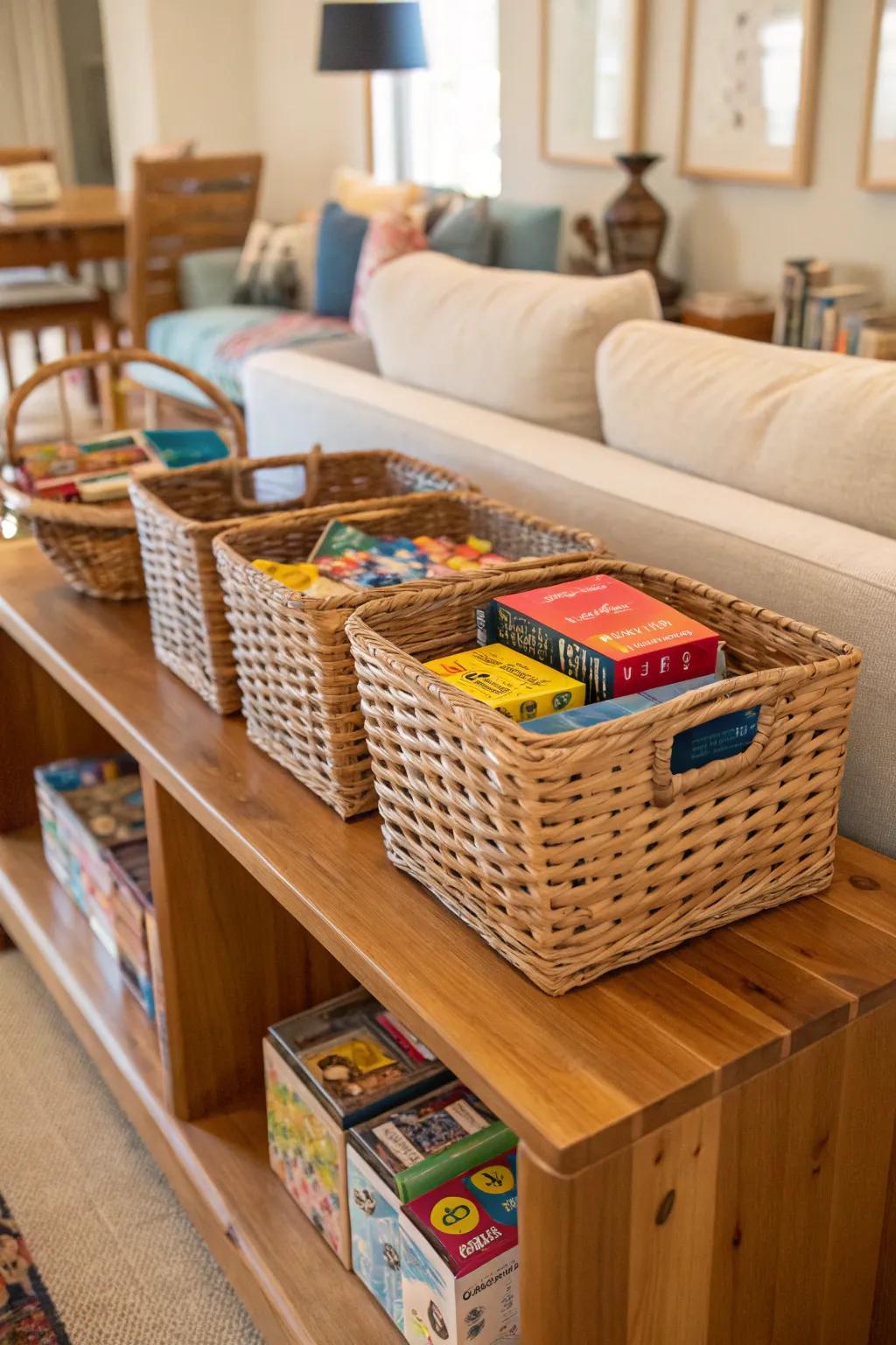 Wicker baskets holding puzzles stylishly on a shelf.