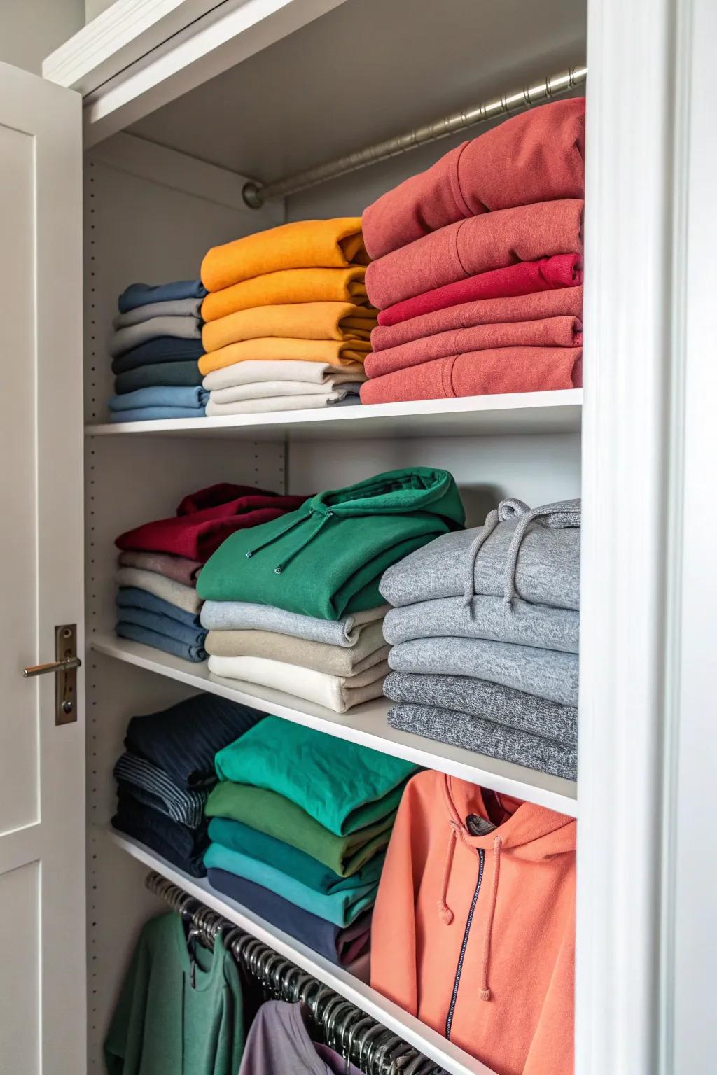Arrange your sweatshirts neatly on adjustable shelves for an organized appearance.