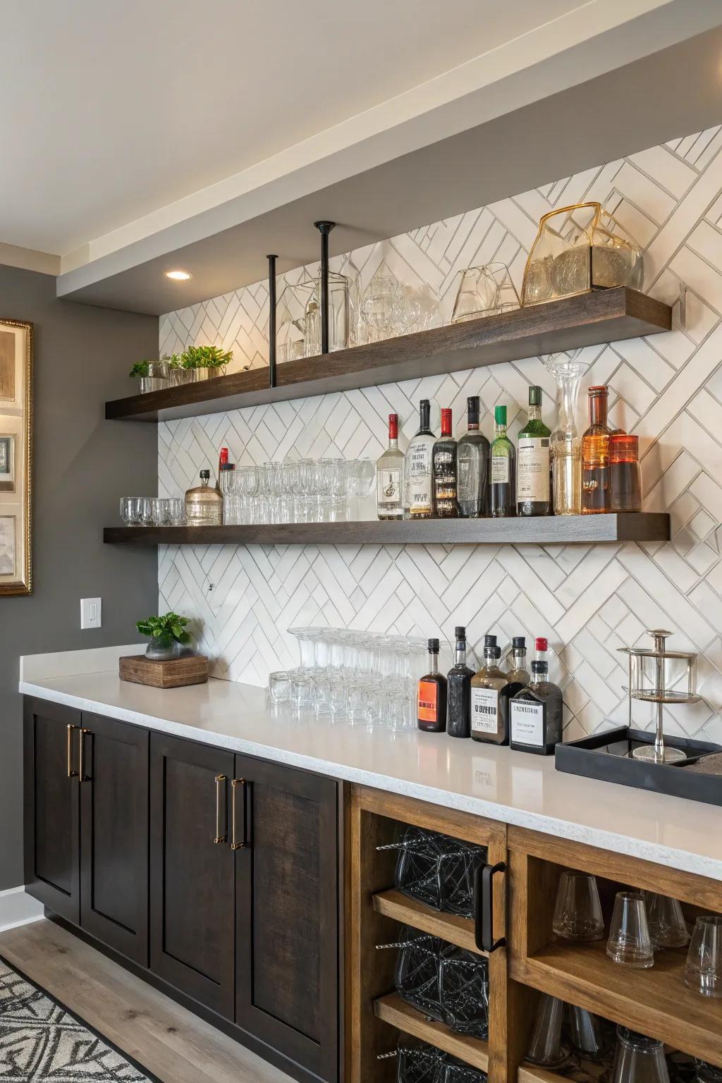 Floating shelves give a touch of class and practicality to your home bar.