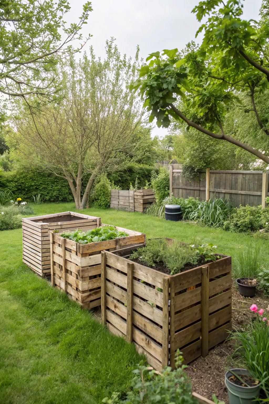 A backyard composting station featuring three containers crafted from wood, perfect for controlling different stages of compost creation.