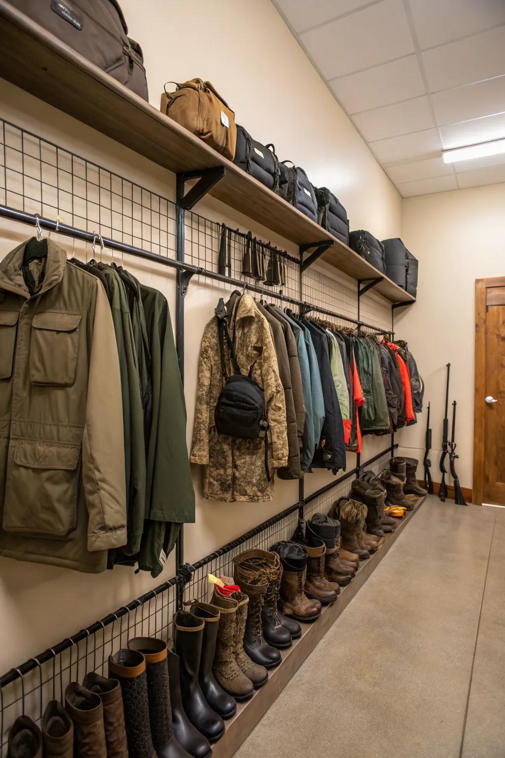Hanging racks ensure your hunting gear is always accessible and neatly arranged.