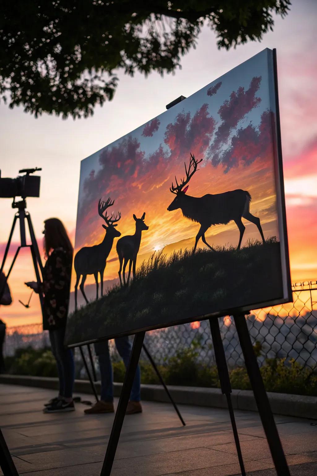 Depicts deer silhouettes against a beautiful sunset landscape.
