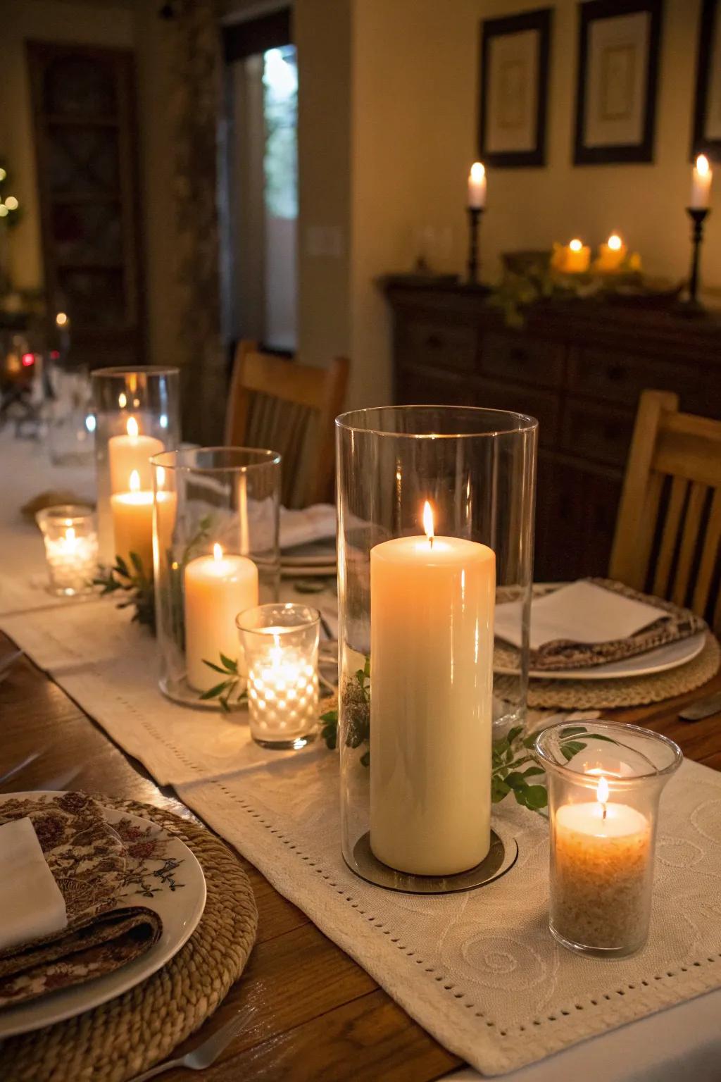 Pillar candles in windproof candle holders bring a cozy radiance to every dinner setting.