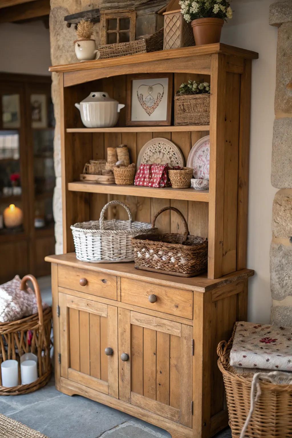 A rustic wooden hutch showcasing captivating organic details.