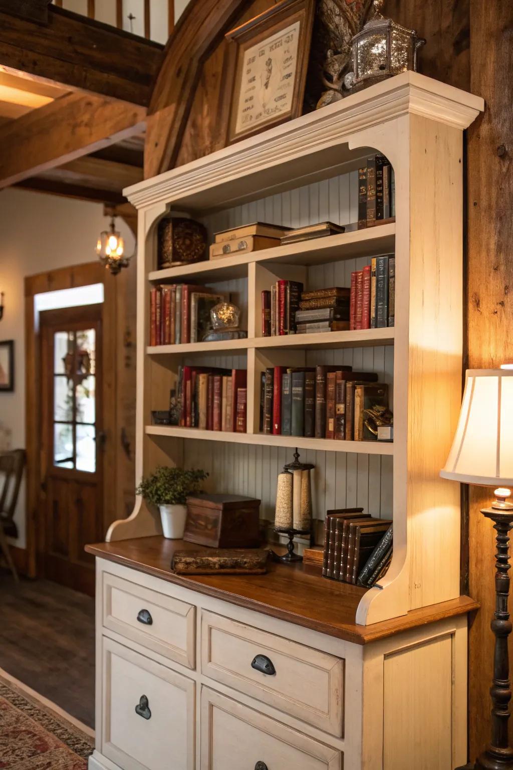 Repurpose an old hutch top into a lovely wall-mounted book display.