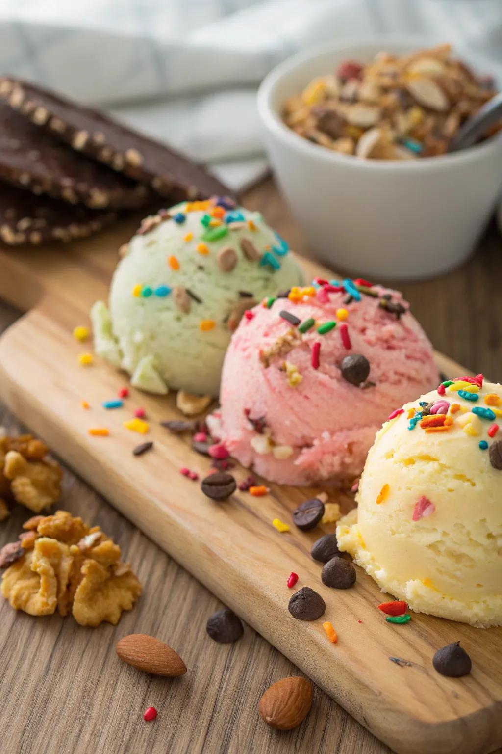 Ice cream decorated with a variety of vibrant toppings.