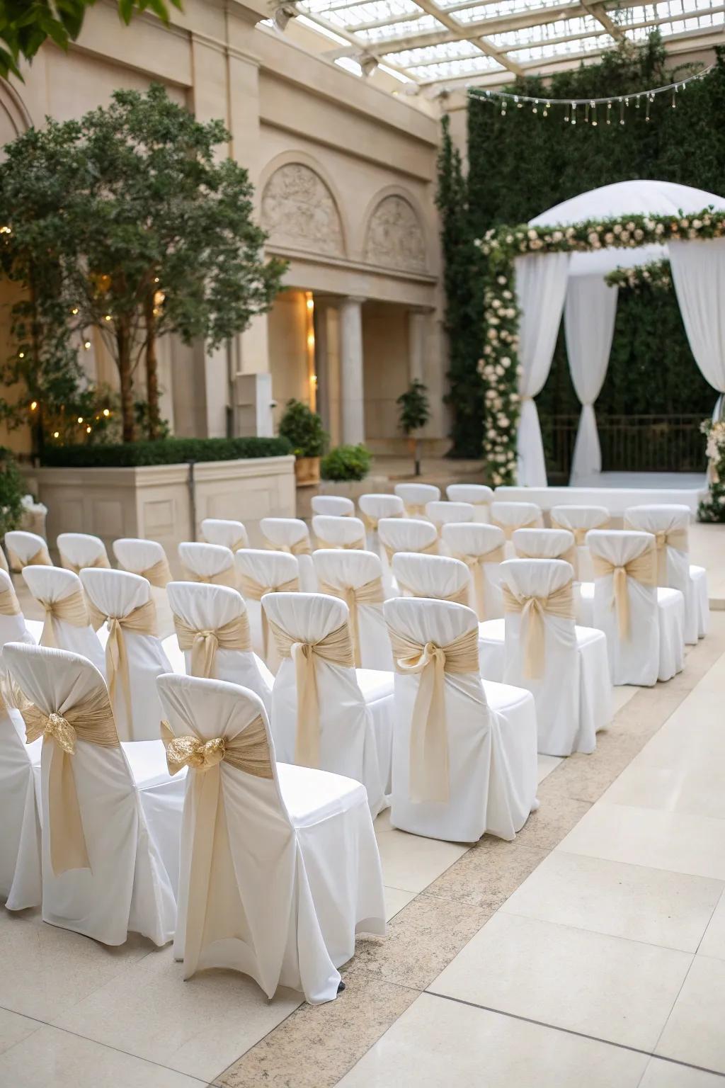 Classic sophistication with ivory chair wraps and bows.